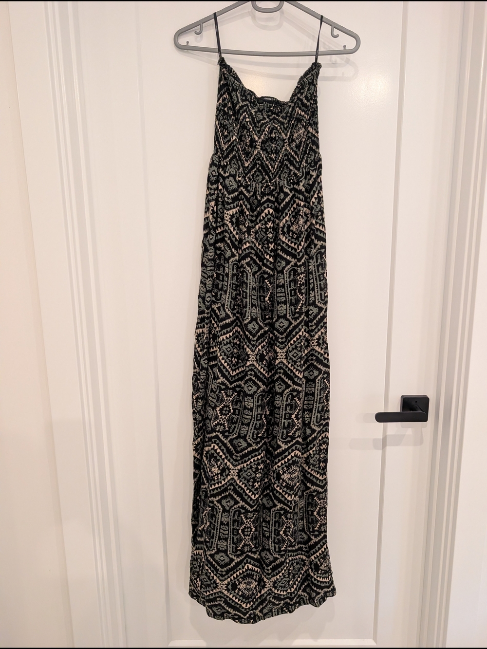 Forever 21 Black, Olive Green & Cream Printed Maxi Dress, Small